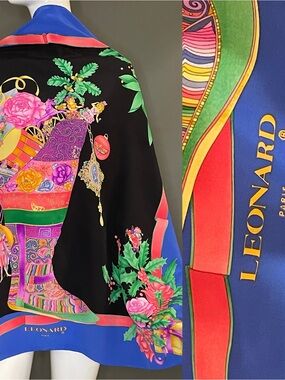 Stunning Rare Leonard Paris Scarf Silk Florescent Holiday Print 34 In Exc Cond
